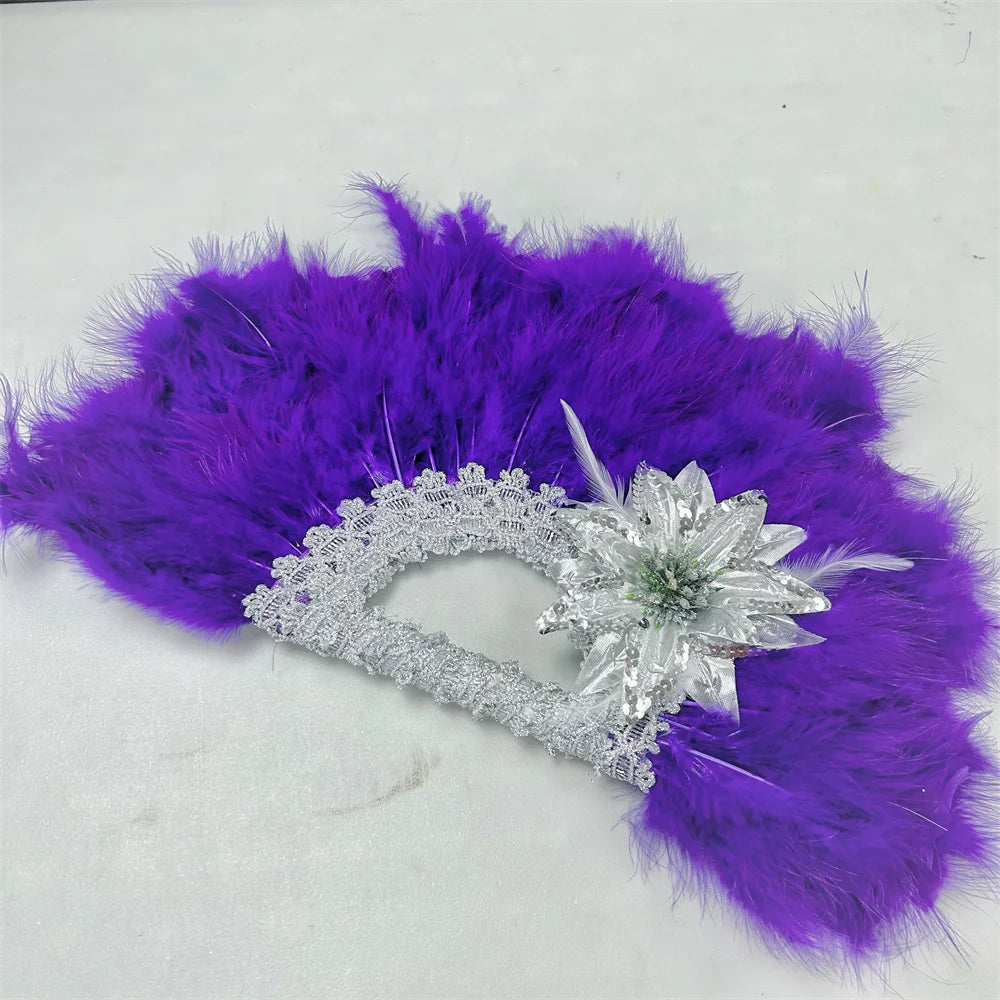 1pcs African Turkey Feather Hand Fan Handmade Fans for Dance Wedding Decoration Hand Fan with Flower Feather Hand Held Fan