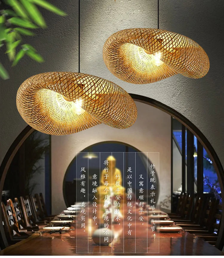 Bamboo Hand Weaving Pendant Light 38cm Hanging LED Ceiling Lamp Chandelier Fixture Rattan Hand Craft Woven Home Bedroom Decor