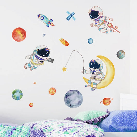Cartoon planet Astronaut Wall Stickers Creative Home Wall Decor Self-adhesive Kids Room Decoration Bedroom Background Wall Decor