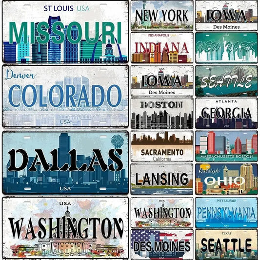 Vintage Country Metal Aluminum Signs Posters Licenses Plate Decor for Living Room Colorado Lansing Nevada Ohio Washington Plaque