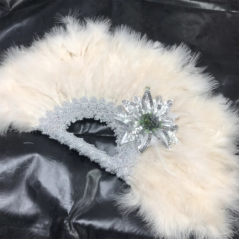 1pcs African Turkey Feather Hand Fan Handmade Fans for Dance Wedding Decoration Hand Fan with Flower Feather Hand Held Fan