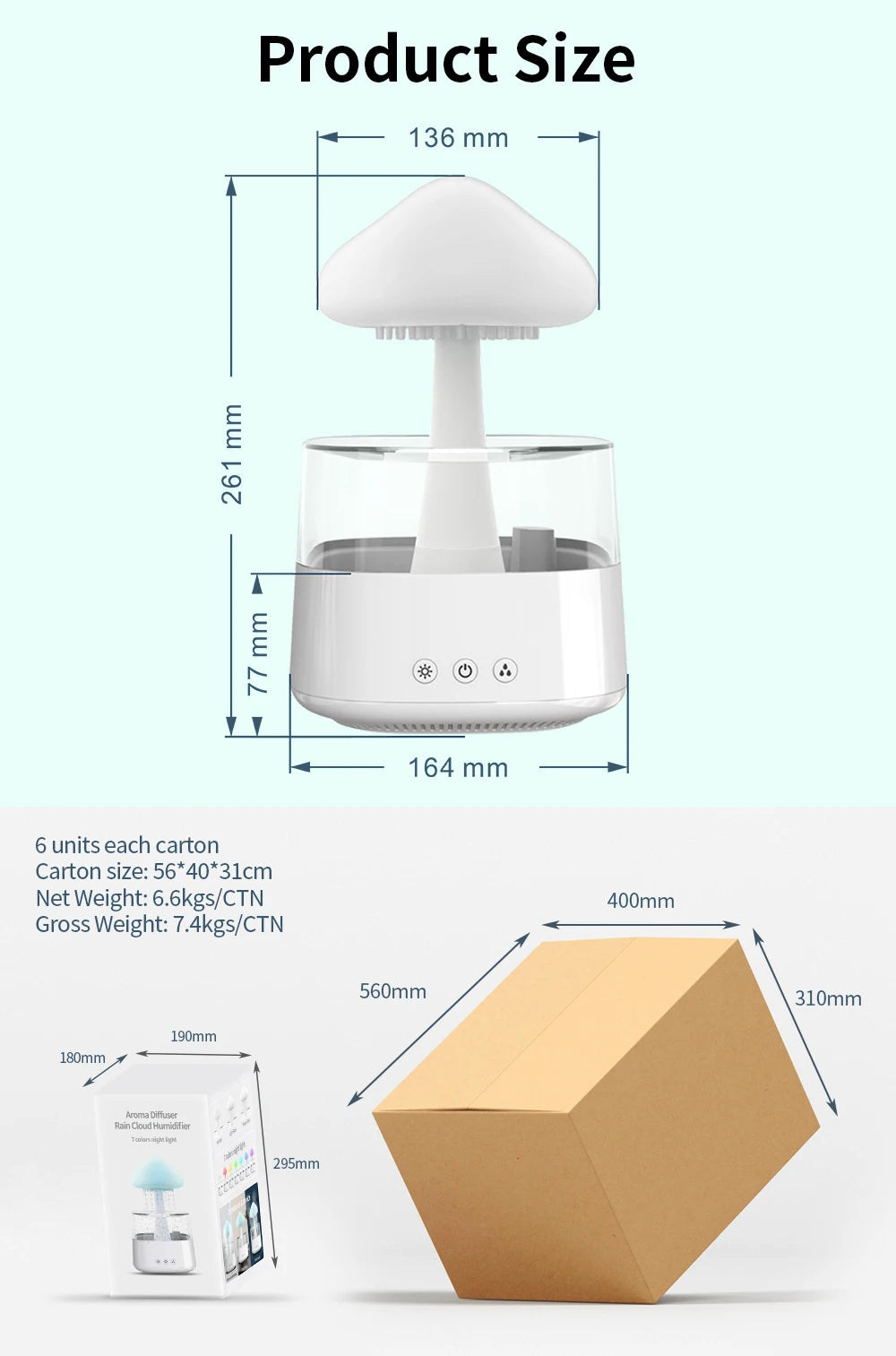 Mushroom Rain Air Humidifier Electric Aroma Diffuser Rain Cloud Smell Distributor Relax Water Drops Sounds Colorful Night Lights