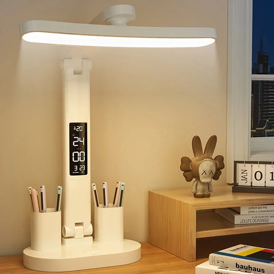 Clock LED Table Lamp USB Chargeable Dimmable Desk Lights Foldable Eye Protection Desktop Study desk  Reading  Night Light  LampS