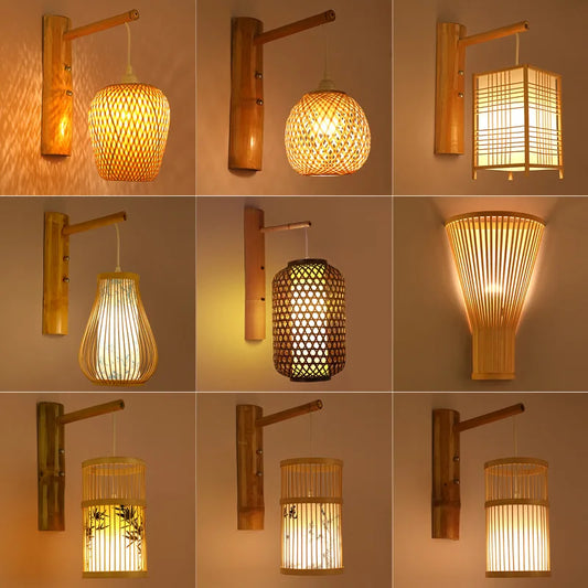 Classic Bamboo Wood Lustre Wall Sconce Lamp Rustic Ceiling Rattan Wicker Light Handmade Art Craft for Home Living Bed Room Decor