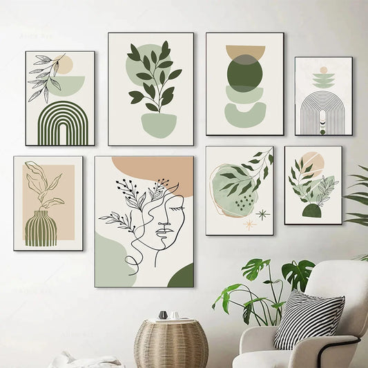 Boho Sage Green Plants Posters  Abstract Artwork Geometric Wall Art Canvas Painting Nordic Art Poster Living Room Home Decor